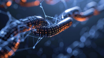 This image displays a digital blockchain network concept, with a focus on the illuminated nodes and connectivity