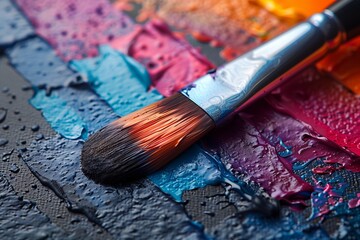 Paintbrush on a canvas with colorful strokes