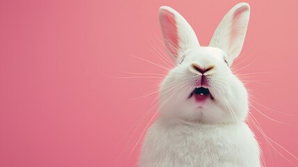 Adorable creature pet hare or rabbit white variety grinning and snickering detached with duplicate space for easter background - obrazy, fototapety, plakaty