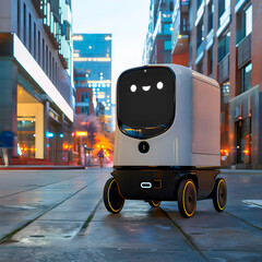 Naklejka premium Intelligent robot courier on four wheels in city. Delivery robot on the street