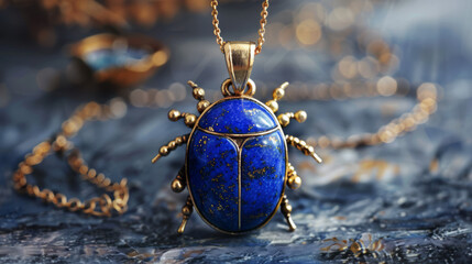 This captivating Egyptian scarab necklace features a deep blue lapis stone with intricate gold details against a blurred backdrop - obrazy, fototapety, plakaty