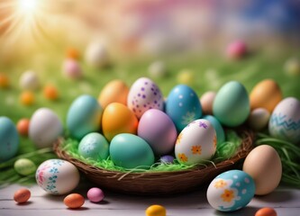 Fototapeta na wymiar Easter Eggs and decoration on blury Spring Sky Background: Vibrant Illustration for Easter Celebrations