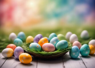 Fototapeta na wymiar Easter Eggs and decoration on blury Spring Sky Background: Vibrant Illustration for Easter Celebrations