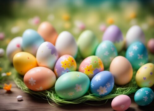 Easter Eggs and decoration on blury Spring Sky Background: Vibrant Illustration for Easter Celebrations