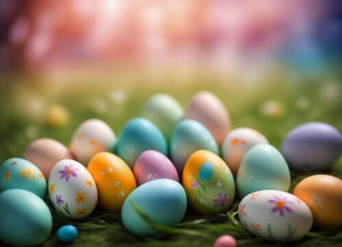 Easter Eggs and decoration on blury Spring Sky Background: Vibrant Illustration for Easter Celebrations