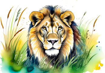 watercolor drawing of a lion in the grass