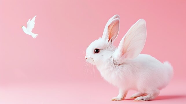 Adorable soft rabbit and flying bright Hidden goodies on plain pink background