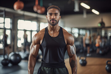 Dedicated Fitness Trainer Demonstrating Kettlebell Exercise in Fully Equipped Gym - obrazy, fototapety, plakaty