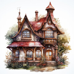 Fototapeta premium watercolor Kawaii Gingerbread House clipart, Generative Ai