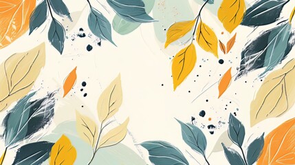 Modern Handcrafted Spring Background with Abstract Leaves: A spring-themed background, modern in design and handcrafted, showcasing abstractly drawn leaves