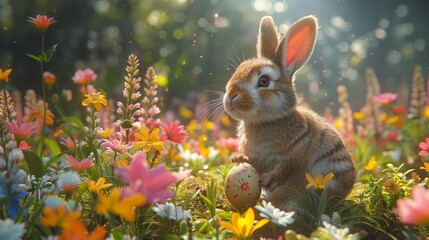 Enchanted 3D forest clearing with Easter bunnies preparing eggs amongst spring flowers