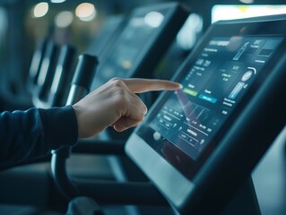 A person is pointing at a screen that displays a fitness program. The person is likely trying to figure out how to use the program or what it is for - obrazy, fototapety, plakaty