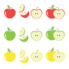 Different colors and parts of apples vector set. Fruit design elements. Whole apples, slices, leaves and apple seeds vector design elements isolated on white. Red, green and yellow apples set.