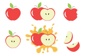 Different parts of red apples vector set Fruit design elements. Whole apples, slices, leaves apple seeds and apples with juice splash vector design elements isolated on white Red apples collection set