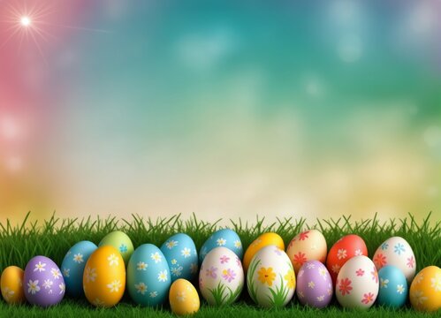 Easter Eggs and decoration on blury Spring Sky Background: Vibrant Illustration for Easter Celebrations
