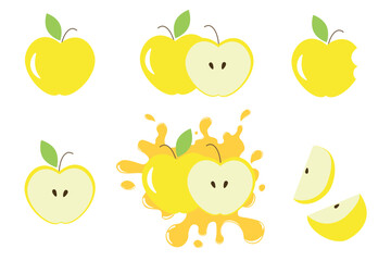 Different parts of yellow apples vector set Fruit design elements Whole apples slices, leaves apple seeds and apples with juice splash vector design elements isolated on white yellow apples collection