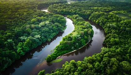 Foto op Aluminium The lush green forest with a river flowing through it creating a beautiful natural landscape. © Maksym