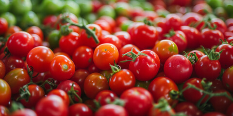 Red cherry tomatoes on display at a sunny farmer's market. Fresh produce and healthy lifestyle concept. Design food blog visuals, and healthy diet promotions. Banner with copy space.