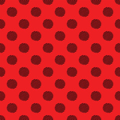Black seamless polka dot pattern vector, Red background. Pencil drawing style