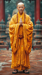 A monk standing gracefully in a famous temple, he exudes a kind aura. He is embellished with an orange Hanfu, exuding a kind aura. - 769720507