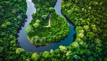 lush green trees near body of water with winding river flowing through it - Powered by Adobe