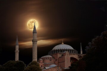 Hagia Sophia mosque with a moon in the background. Happy the 27th day of Ramadan or laylat al-qadr.