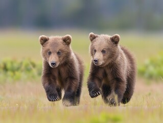Two brown bear cubs walking side by side in a natural grassland habitat, displaying curiosity and sibling harmony.