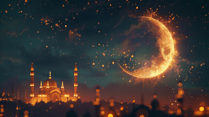 3D rendered image of an exquisite shiny crescent moon positioned prominently in a night sky filled with a dynamic bokeh effect - obrazy, fototapety, plakaty