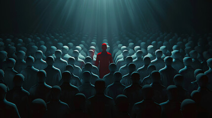 A photorealistic image of a crowd of white mannequins in a uniform formation with a single red mannequin positioned at the forefront under a spotlight against a dark background