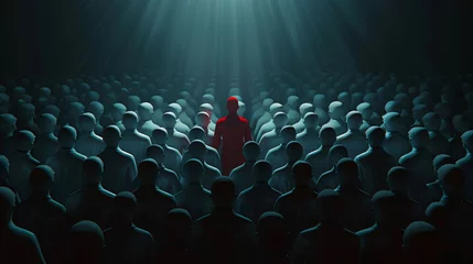 Deurstickers A photorealistic image of a crowd of white mannequins in a uniform formation with a single red mannequin positioned at the forefront under a spotlight against a dark background © JR-50