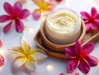 Fototapeta na wymiar A luxurious cosmetic cream surrounded by flowers.