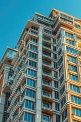 low angle view of a tall modern high rise commercial and residential building architecture exterior at day time