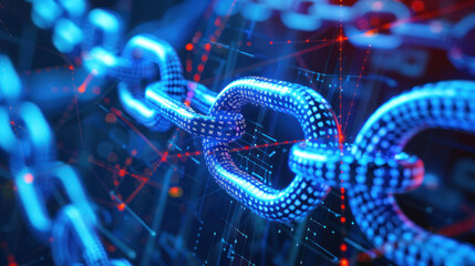 Sharp image of interlinked digital blockchain elements against a red-infused cyber background, implying high-level security