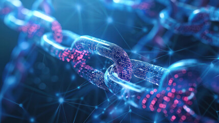 Illustration of glowing digital chain links with nodes representing secure connections in technology