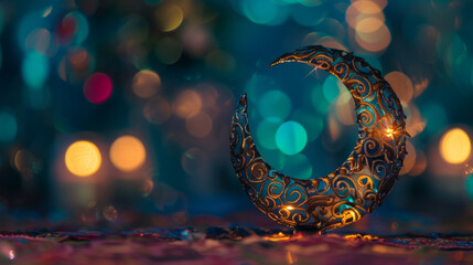 Close-up shot of a shiny crescent moon crafted from metal or glass illuminated against a dark sky - obrazy, fototapety, plakaty