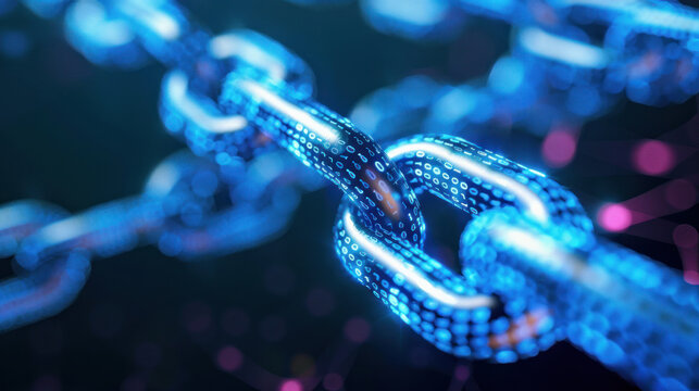 Vivid digital blockchain depiction with a focus on a single chain link, emphasizing cybersecurity in the digital era