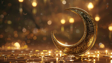Hyper-realistic 3D render of a metallic crescent moon intricately designed with Islamic calligraphy and motifs - obrazy, fototapety, plakaty