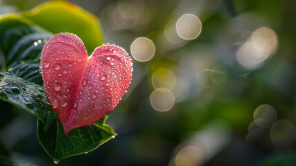 Macro shot of a single dew-covered pink heart-shaped petal on a background of blurred green foliage highlighting the petals intricate veins and the soft texture - obrazy, fototapety, plakaty