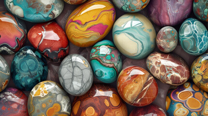 Stylized digital painting of an abstract background featuring rounded multicolored marble stones each stone adorned with whimsical patterns and a glossy finish - obrazy, fototapety, plakaty