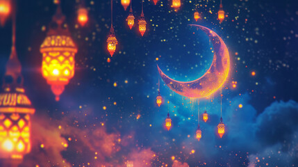 Whimsical illustration of a vibrant crescent moon adorning the night sky with a bokeh effect made up of small - obrazy, fototapety, plakaty