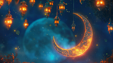 Whimsical illustration of a vibrant crescent moon adorning the night sky with a bokeh effect made up of small - obrazy, fototapety, plakaty
