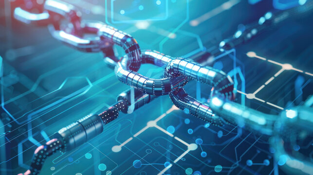 A 3D render of blockchain technology concept with a focus on the interconnected links in a network