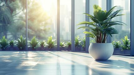 Bright office interior background with a potted plant in foreground. Ai generative. - obrazy, fototapety, plakaty