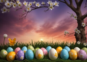 Easter Eggs and decoration on blury Spring Sky Background: Vibrant Illustration for Easter Celebrations - obrazy, fototapety, plakaty