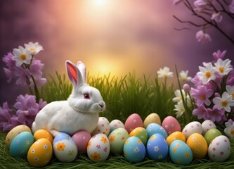 Easter Bunny, Eggs and decoration on blury Spring Sky Background: Vibrant Illustration for Easter Celebrations - obrazy, fototapety, plakaty