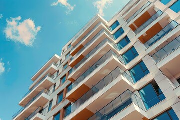 low angle view of a tall modern high rise commercial and residential building architecture exterior at day time