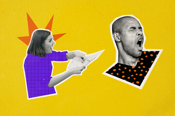 Photo collage picture young woman showing paper document blame conflict irritated furious outraged...