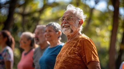 A group of older adults participating in a guided physiotherapy session outdoors in a park, focusing on mobility and balance exercises