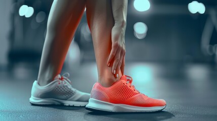 Amidst Physical Activity, a Woman Faces a Sudden Leg Cramp, Suggesting Potential Muscle Injury or Overexertion at the Gym - obrazy, fototapety, plakaty