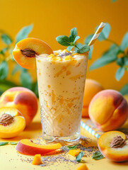 A glass of peach smoothie with mint leaves. Chilled protein shake with peach and mint. A healthy snack, yogurt with pieces of fruit. A horizontal illustration with space for text.